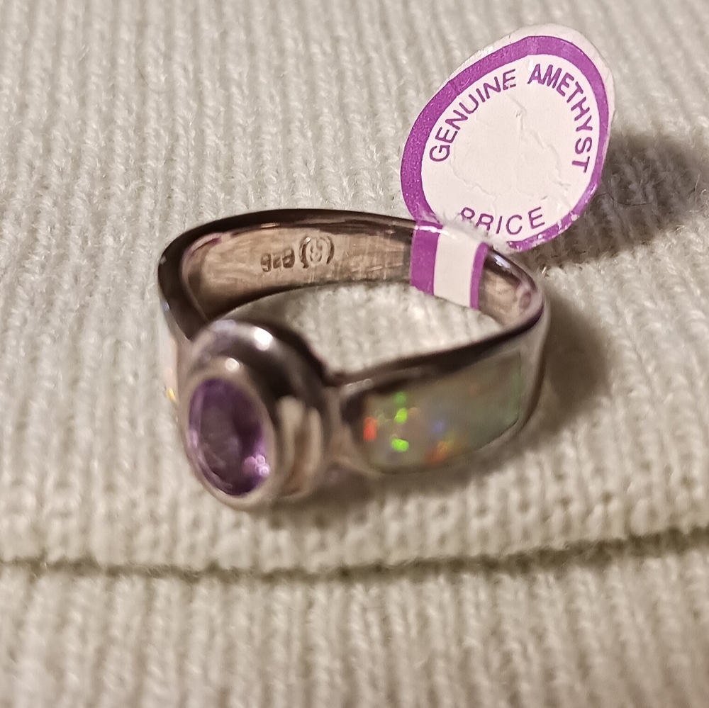 Amethyst and White Opal Sterling Silver Ring, Size 8, NWT